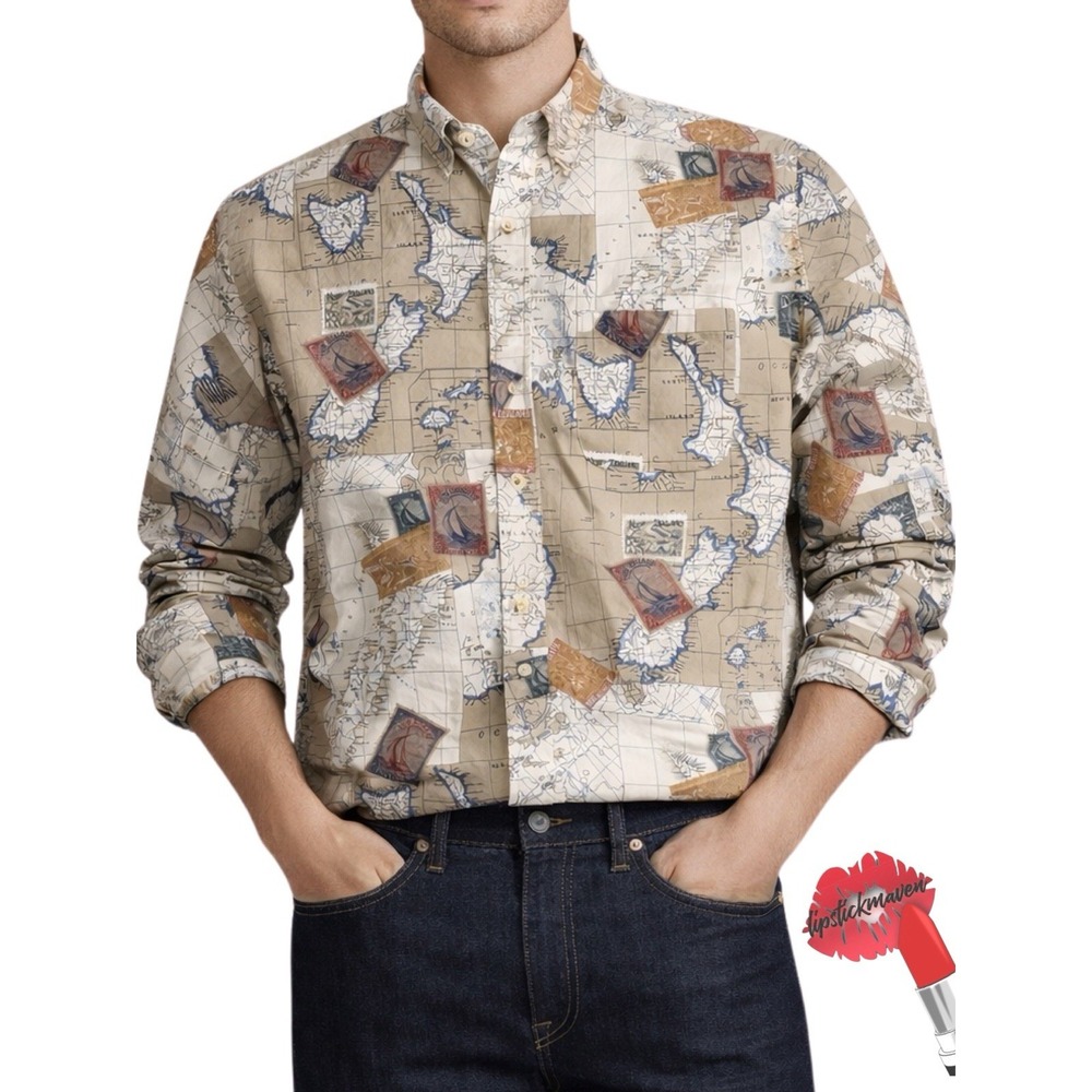 Vintage Nautica Shirt Mens XL Button Down Map Print Short Sleeve AOP